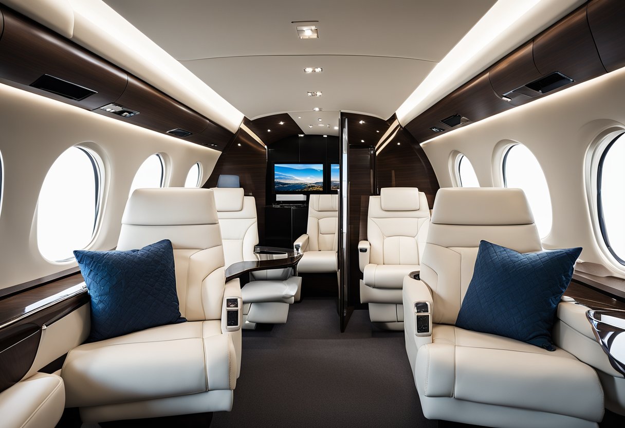 The Phenom 300 interior exudes luxury and sophistication, with sleek lines and modern accents. The spacious cabin is adorned with plush seating and elegant finishes, creating a harmonious blend of aesthetics and performance