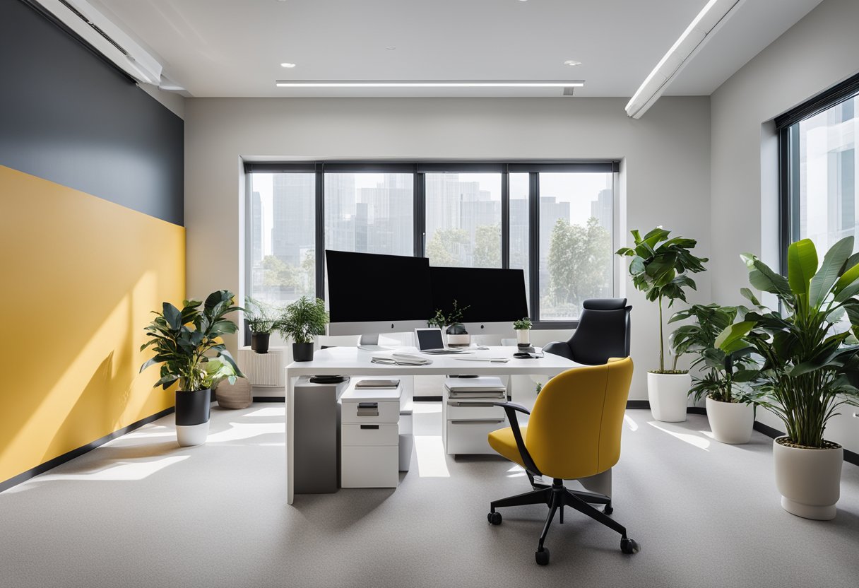 A modern, minimalist office space with sleek furniture and pops of color. A large desk with a computer, plants, and art on the walls