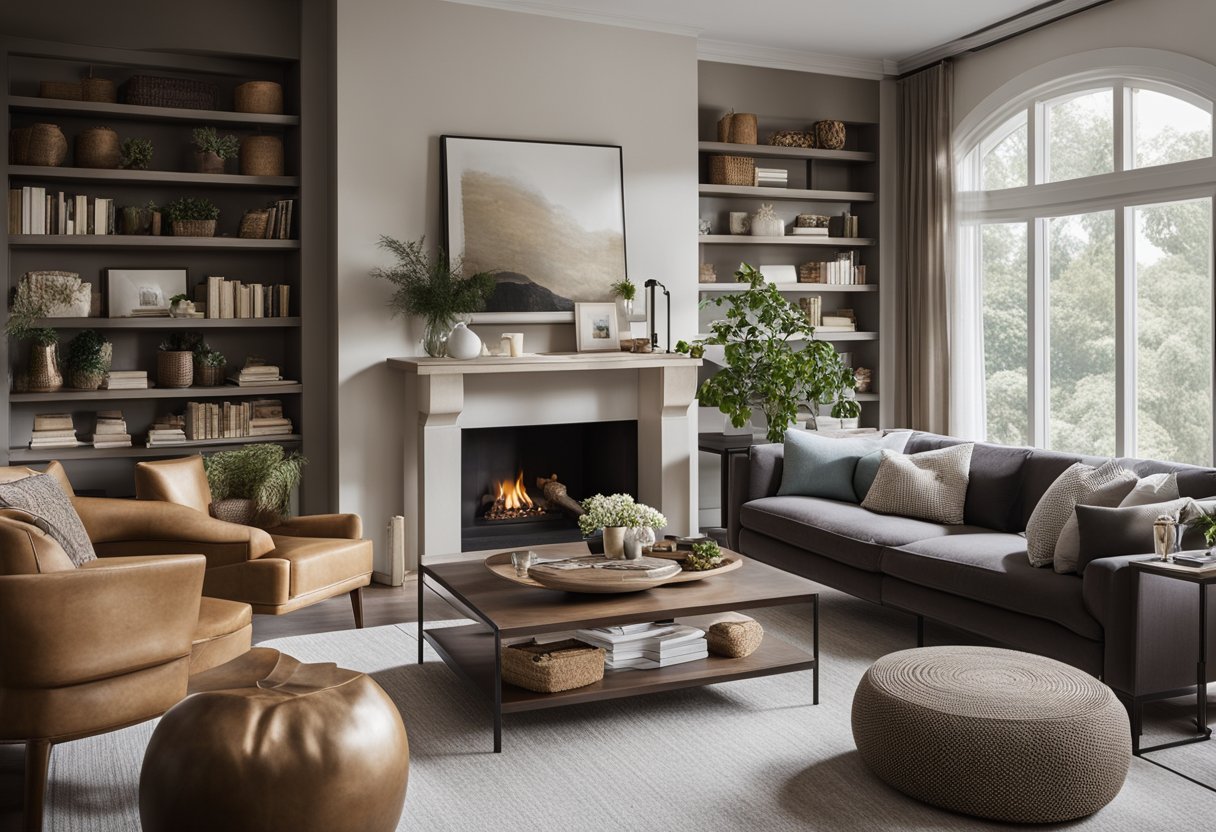 A cozy living room with a fireplace, stylish furniture, and large windows showcasing a beautiful view. Shelves filled with design magazines and decorative accents add a touch of elegance to the space