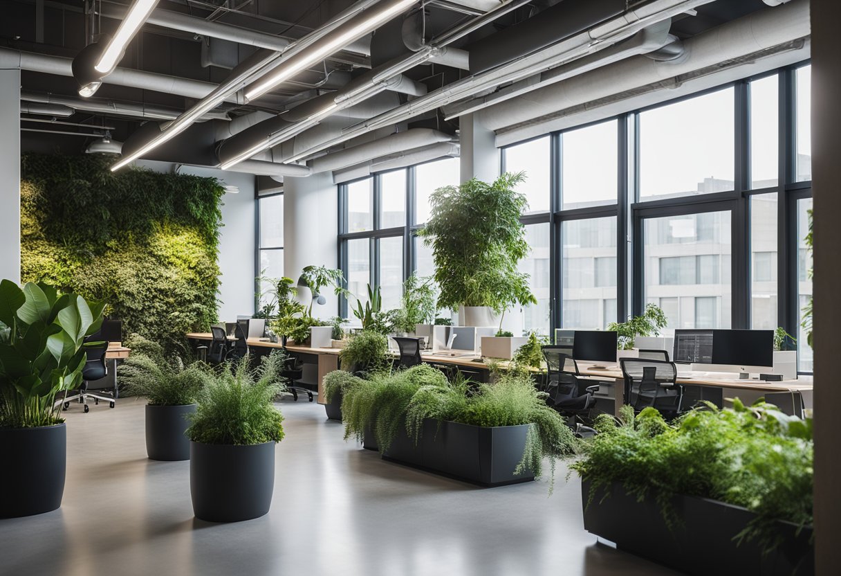 The sustainable office interior features natural light, recycled materials, and energy-efficient fixtures. Plants and greenery are strategically placed throughout the space, creating a calming and eco-friendly environment