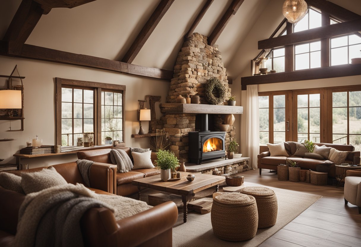 A cozy living room with exposed wooden beams, vintage furniture, and earthy color palette. A stone fireplace and handmade textiles add to the rustic charm