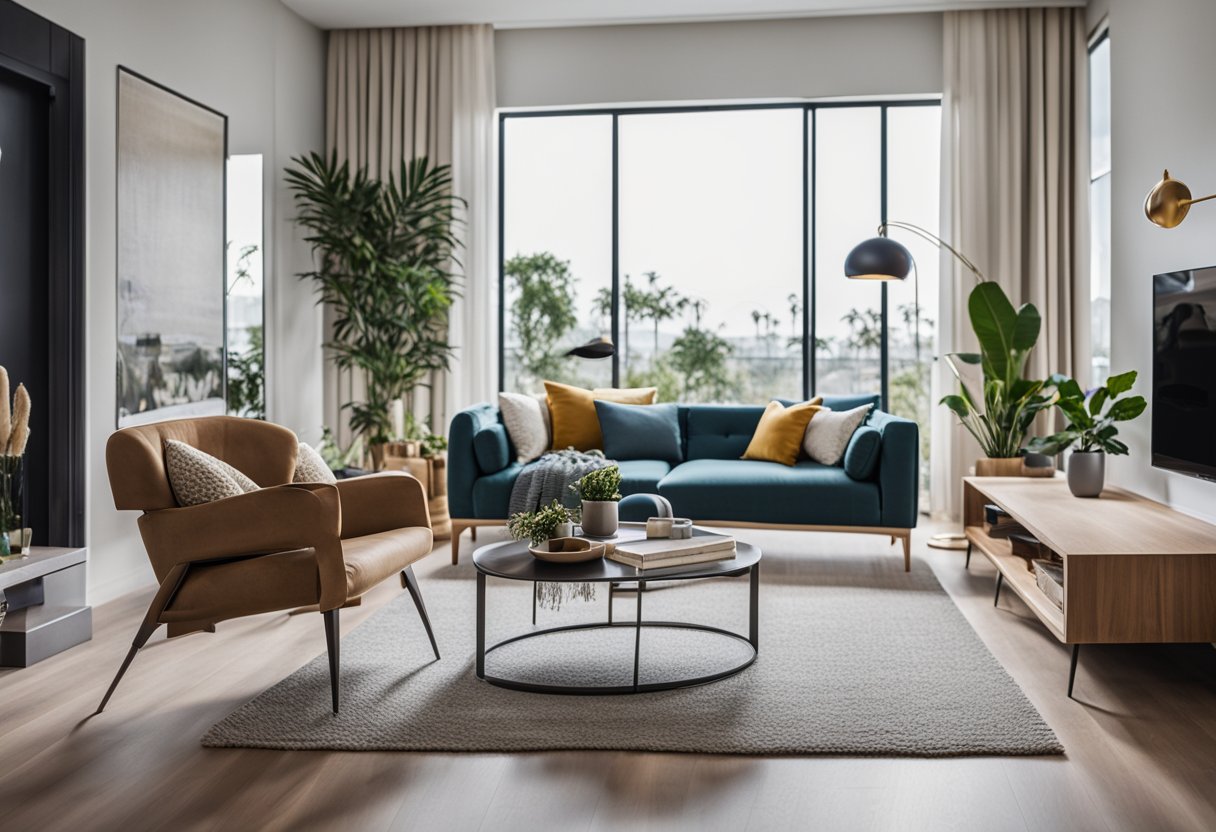 A modern living room with sleek furniture, vibrant colors, and strategically placed decor. An open floor plan and natural light enhance the space