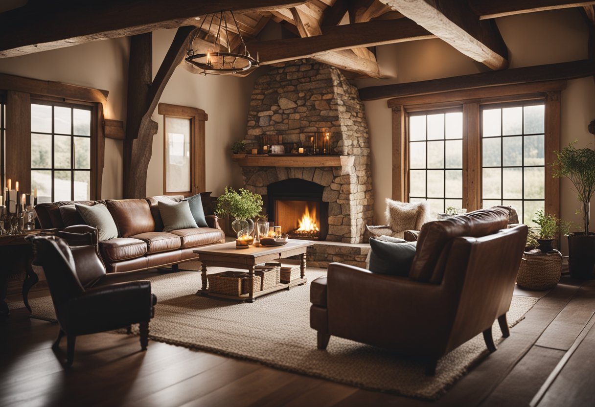 A cozy living room with exposed wooden beams, a stone fireplace, and vintage furniture creates a warm and inviting rustic charm