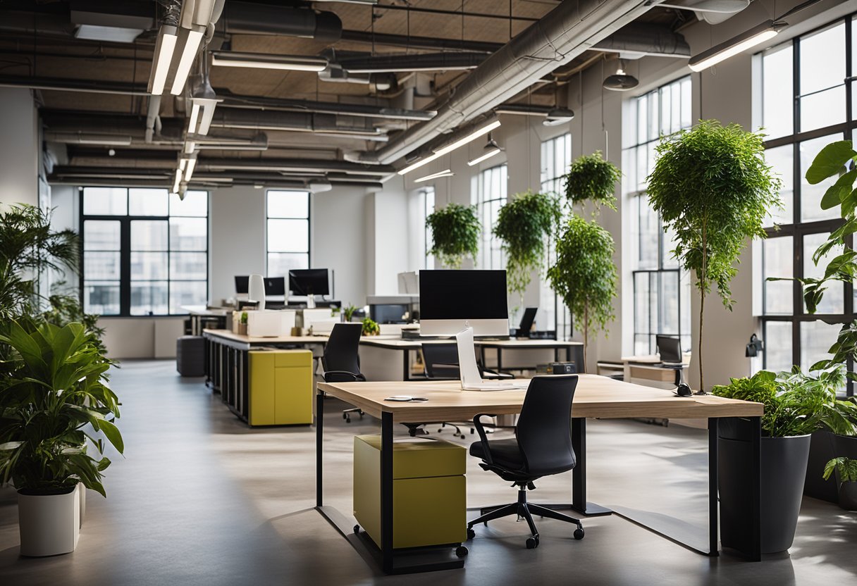 A modern office space with energy-efficient lighting, natural materials, and indoor plants, promoting sustainability and productivity