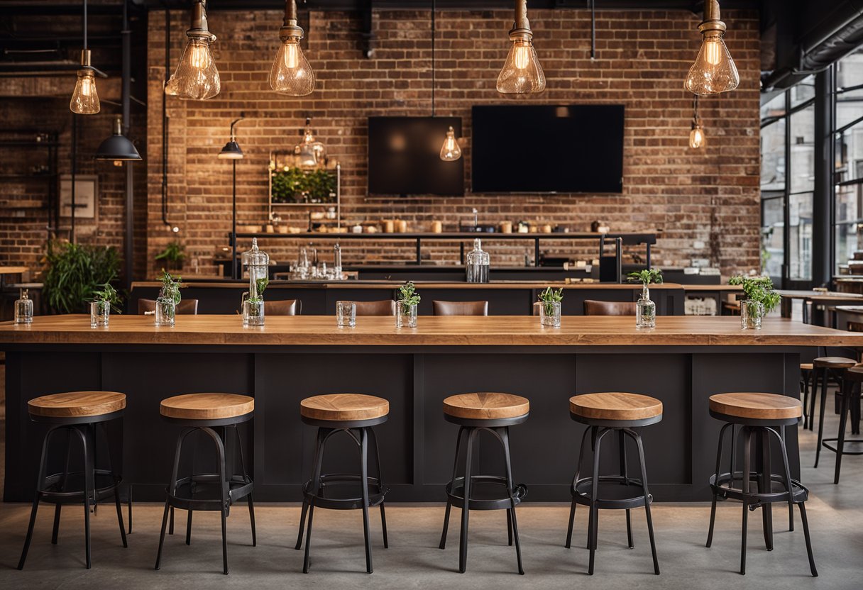 The restaurant's interior features a mix of modern and rustic design elements, with exposed brick walls, wooden tables, and industrial lighting. The color scheme is earthy and warm, creating a cozy and inviting atmosphere