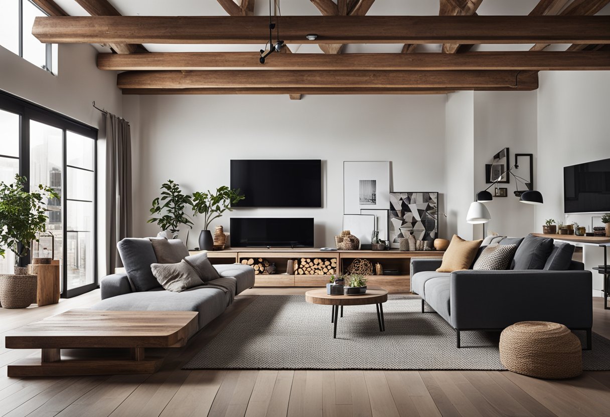 A cozy living room with exposed wooden beams, modern furniture, and a mix of natural and industrial textures