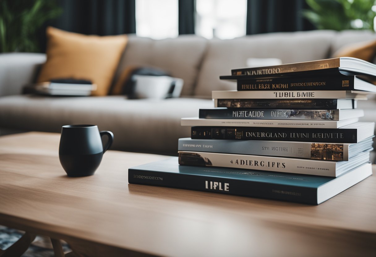 A stack of home interior design magazines arranged on a modern coffee table, with a cozy living room in the background