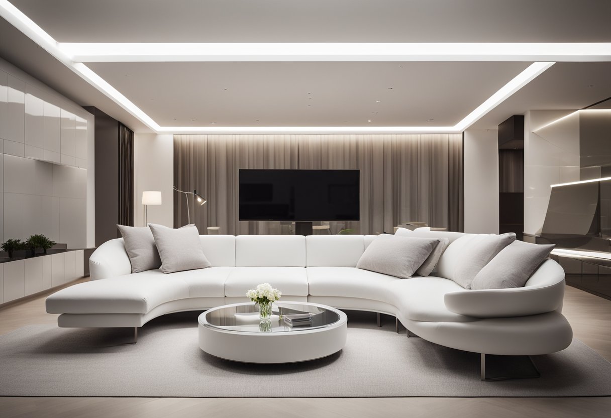 Sleek white furniture, minimalistic decor, and geometric shapes define the ultra modern interior design. A large window allows natural light to illuminate the space, creating a bright and airy atmosphere