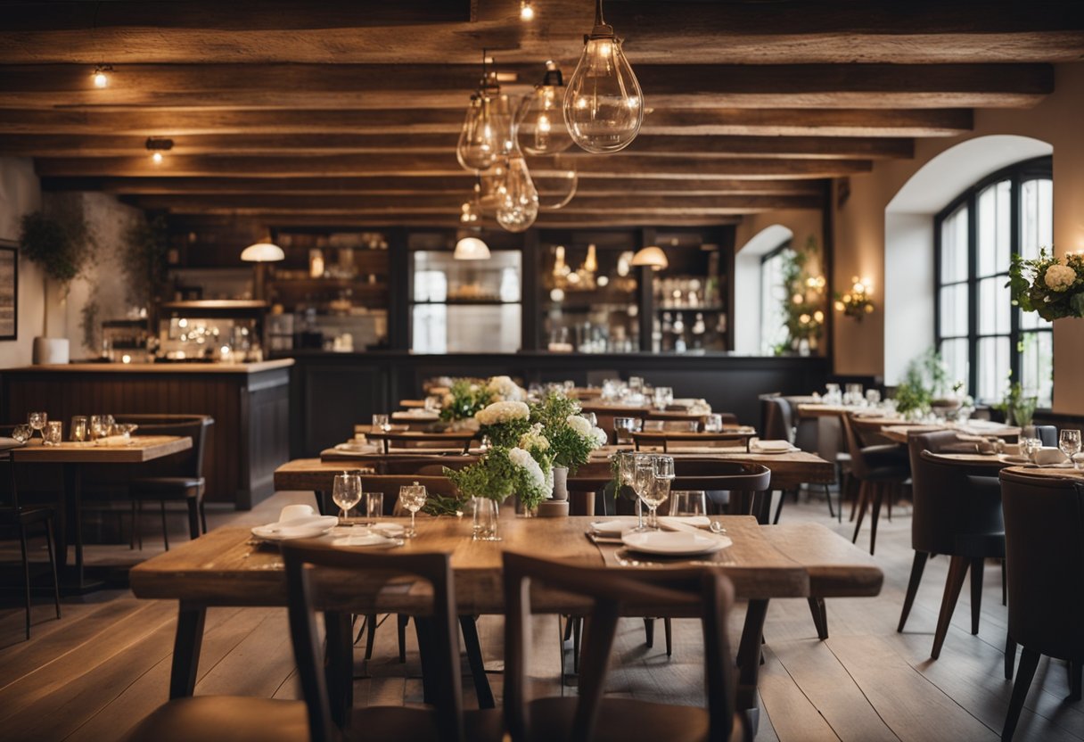 A cozy, rustic restaurant with wooden beams, warm lighting, and vintage decor. Tables are set with elegant tableware and fresh flowers