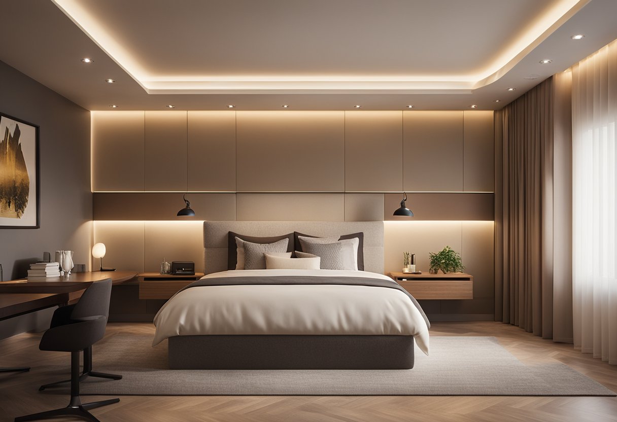 The room is softly lit with warm, ambient lighting from recessed ceiling fixtures. A spotlight highlights a piece of artwork on the wall, creating a dramatic focal point