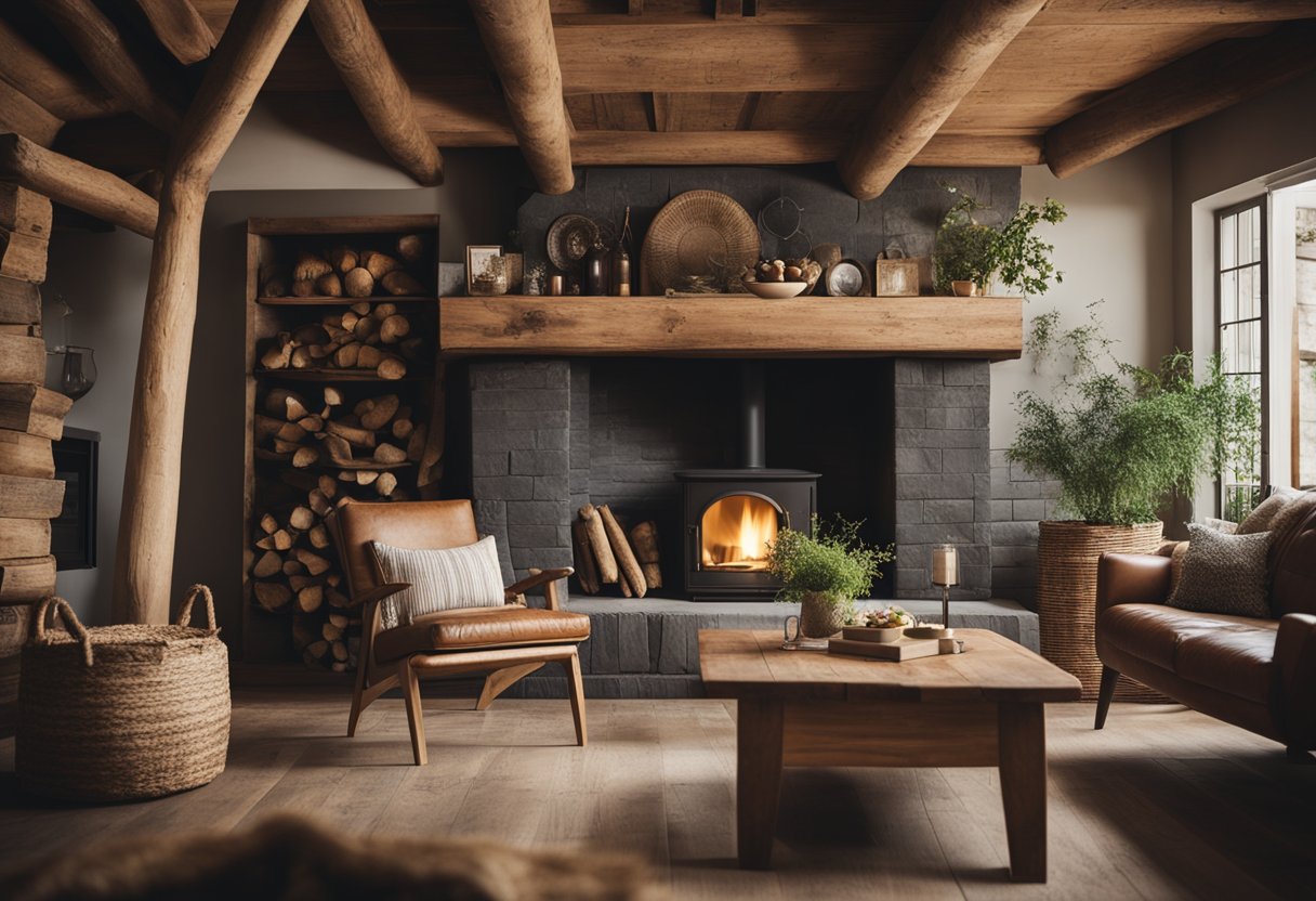 A cozy, rustic interior with exposed wooden beams, distressed furniture, and earthy color palette. A fireplace, vintage decor, and natural materials complete the inviting space