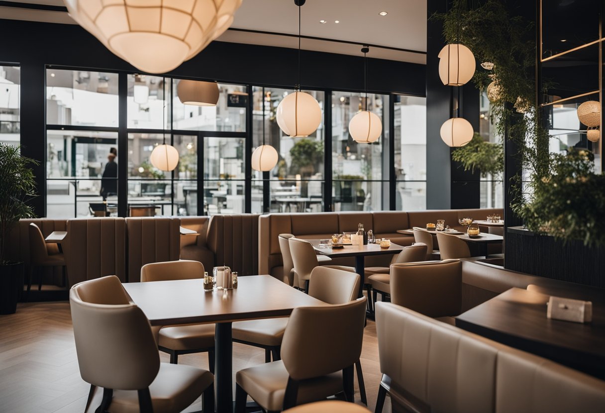 The restaurant interior features modern, minimalist design with clean lines and neutral colors. Soft lighting creates a cozy atmosphere, while sleek furniture and stylish decor add a touch of elegance