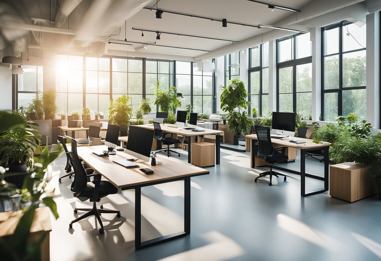 A bright, open office space with natural light, ergonomic furniture, and greenery. Sustainable materials and energy-efficient fixtures create a calming atmosphere