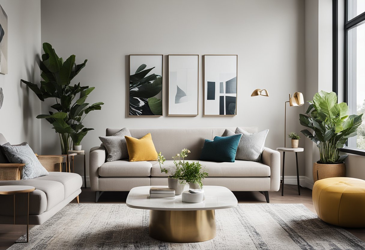A clean, modern living room with neutral tones and pops of color. Furniture is arranged for conversation and relaxation. Artwork and plants add warmth
