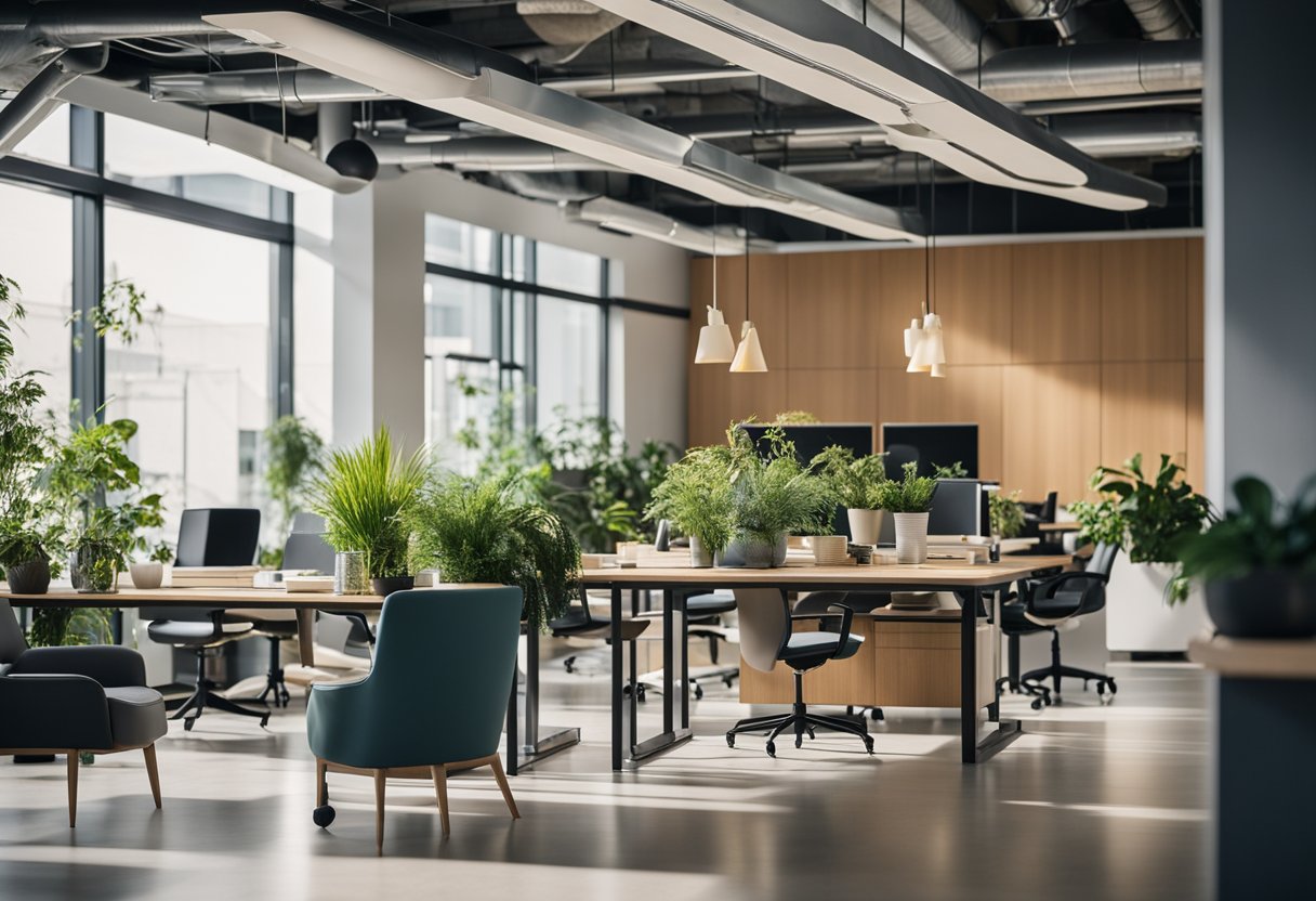A modern office with eco-friendly materials, natural light, and indoor plants. Recycled furniture and energy-efficient lighting are used throughout the space