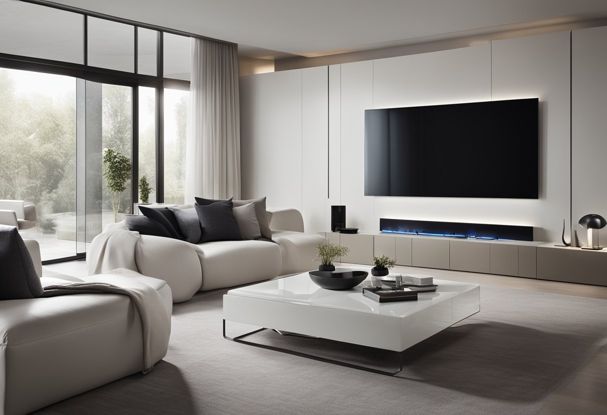 A sleek, minimalist living room with clean lines, neutral colors, and high-tech gadgets. A large, abstract art piece adorns the wall, while a futuristic lighting system illuminates the space
