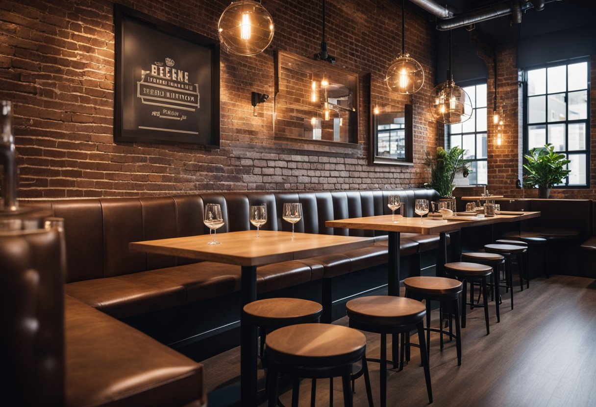 The restaurant interior features a mix of modern and rustic design elements, with exposed brick walls, industrial lighting, and cozy booth seating