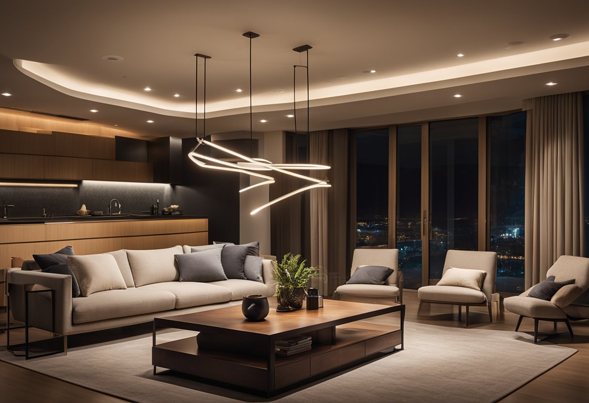 Various lighting fixtures illuminate a modern living room, casting warm, ambient light. A pendant light hangs above the dining table, while recessed lights highlight the artwork on the walls