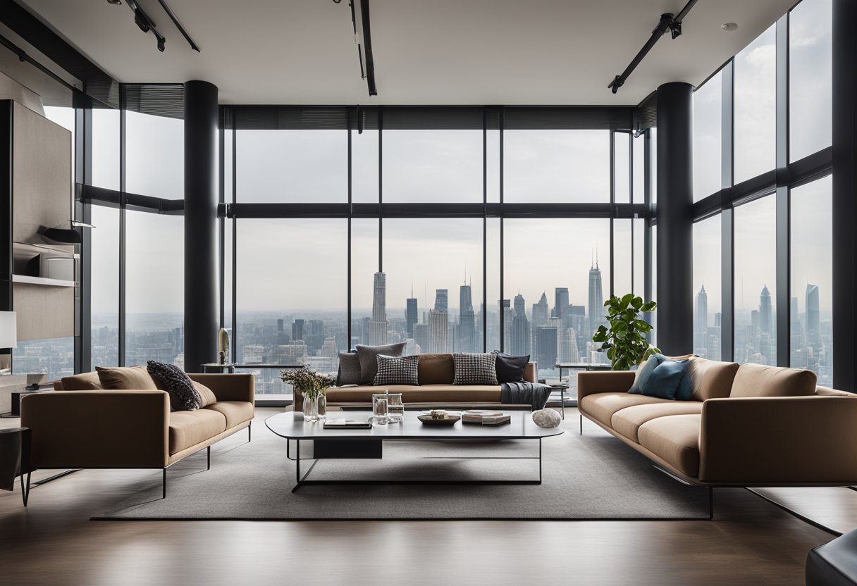 A modern living room with a minimalist color scheme, sleek furniture, and large windows overlooking a city skyline