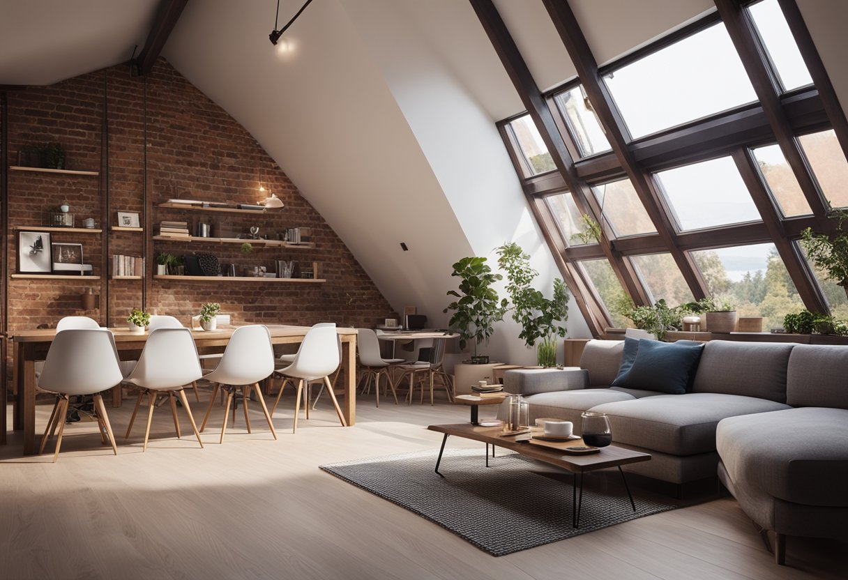 The small loft house has a cozy interior with exposed brick walls, wooden beams, and large windows. A minimalist design with a comfortable seating area and a small kitchenette