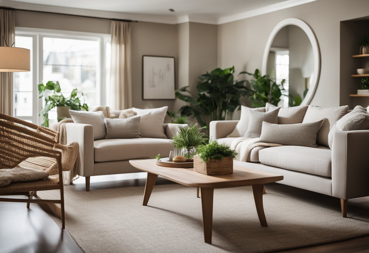 A cozy living room with neutral colors, natural textures, and relaxed seating arrangements. Soft lighting and greenery add warmth and comfort to the space