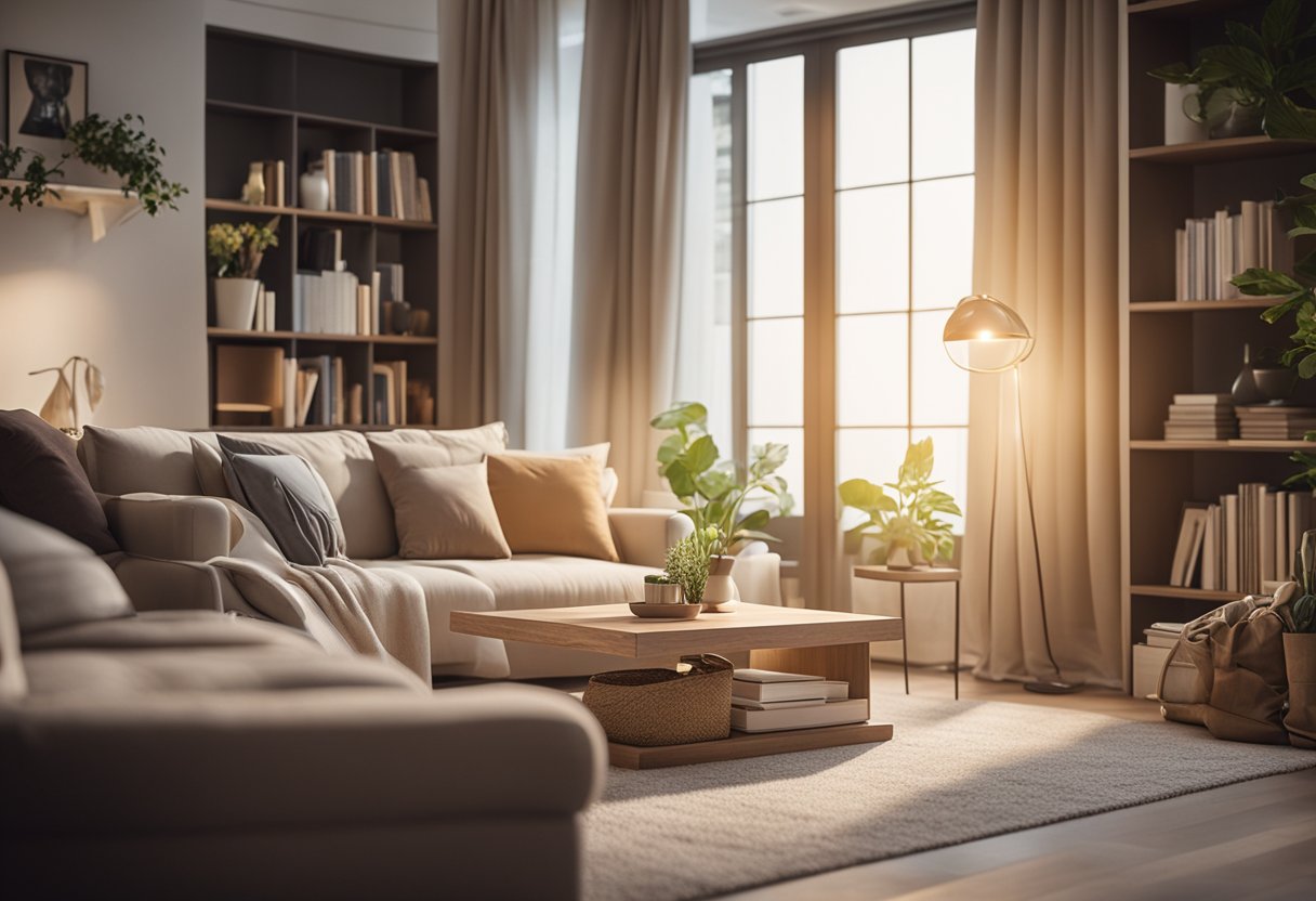 A cozy living room with a plush sofa, soft rug, and warm lighting. A bookshelf filled with books and decorative items. A large window with flowing curtains and a potted plant