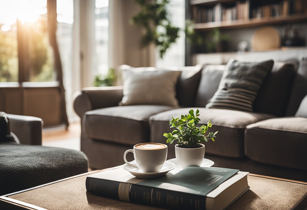A cozy living room with a comfortable sofa, soft throw pillows, a warm rug, and a coffee table with a stack of books. Natural light streams in through large windows, illuminating the space