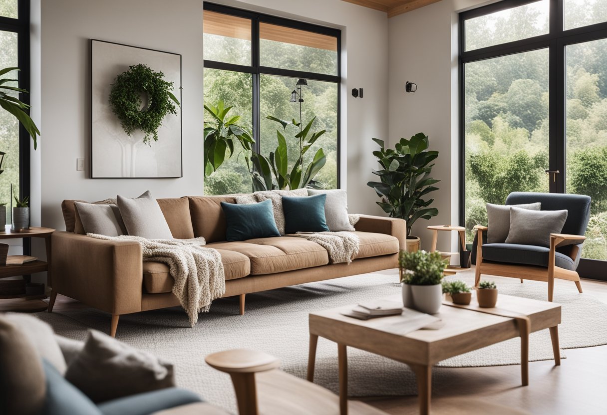 A cozy living room with a modern sofa, coffee table, and plants. A large window lets in natural light, and the walls are adorned with artwork