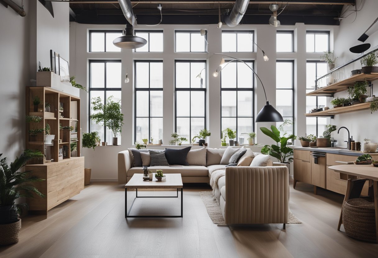 A small loft with minimalistic furniture, natural light, and neutral colors. Open floor plan with a cozy living area and a functional kitchen. Industrial accents and space-saving solutions