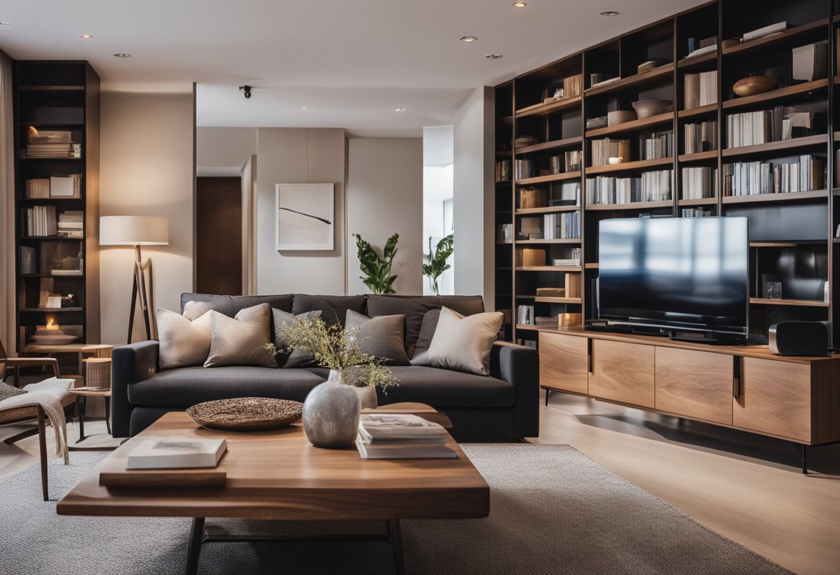 A cozy living room with modern furniture, warm lighting, and abstract art on the walls. A bookshelf filled with design books and a comfortable seating area