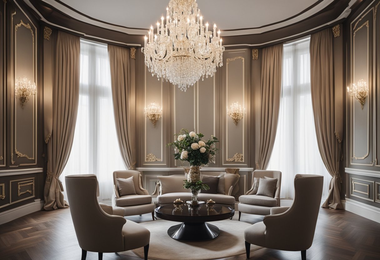 A room with symmetrical furniture, neutral colors, and elegant accents like chandeliers and ornate moldings