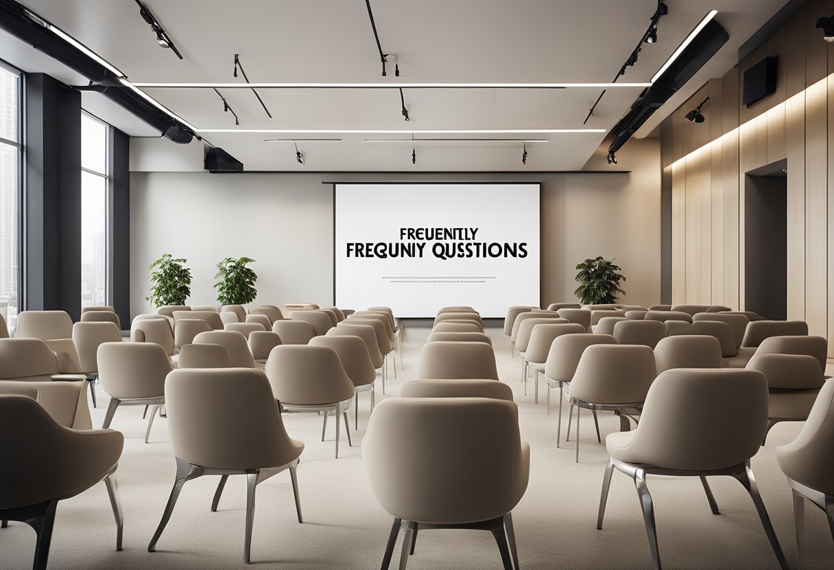 A modern, organized space with clean lines and neutral colors. A large, clear sign with "Frequently Asked Questions" displayed prominently. Comfortable seating and a welcoming atmosphere