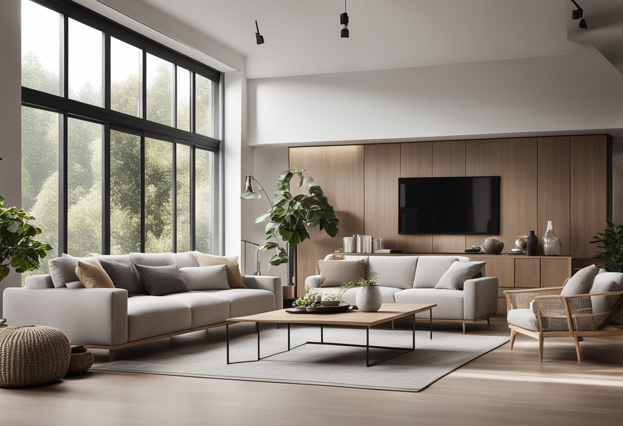 A cozy living room with a modern minimalist theme, featuring clean lines, neutral colors, and a mix of natural materials like wood and stone
