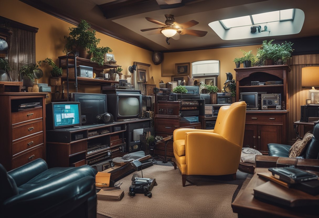 The cluttered room with outdated furniture and mismatched colors reflects the negative influence of social media and location on design choices