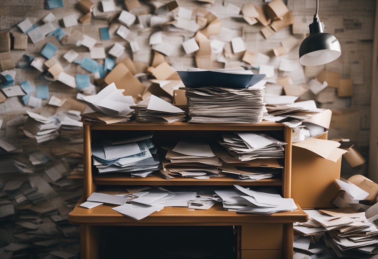 A cluttered room with mismatched furniture, peeling wallpaper, and harsh lighting. A stack of unanswered mail sits on a messy desk