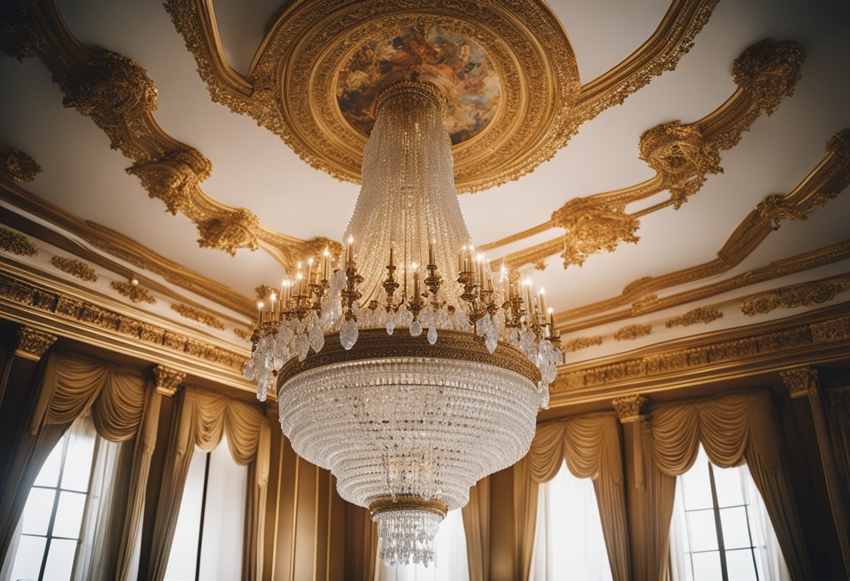 A grand chandelier hangs from a high ceiling in a room adorned with ornate moldings, luxurious fabrics, and elegant furniture in a classic style interior design