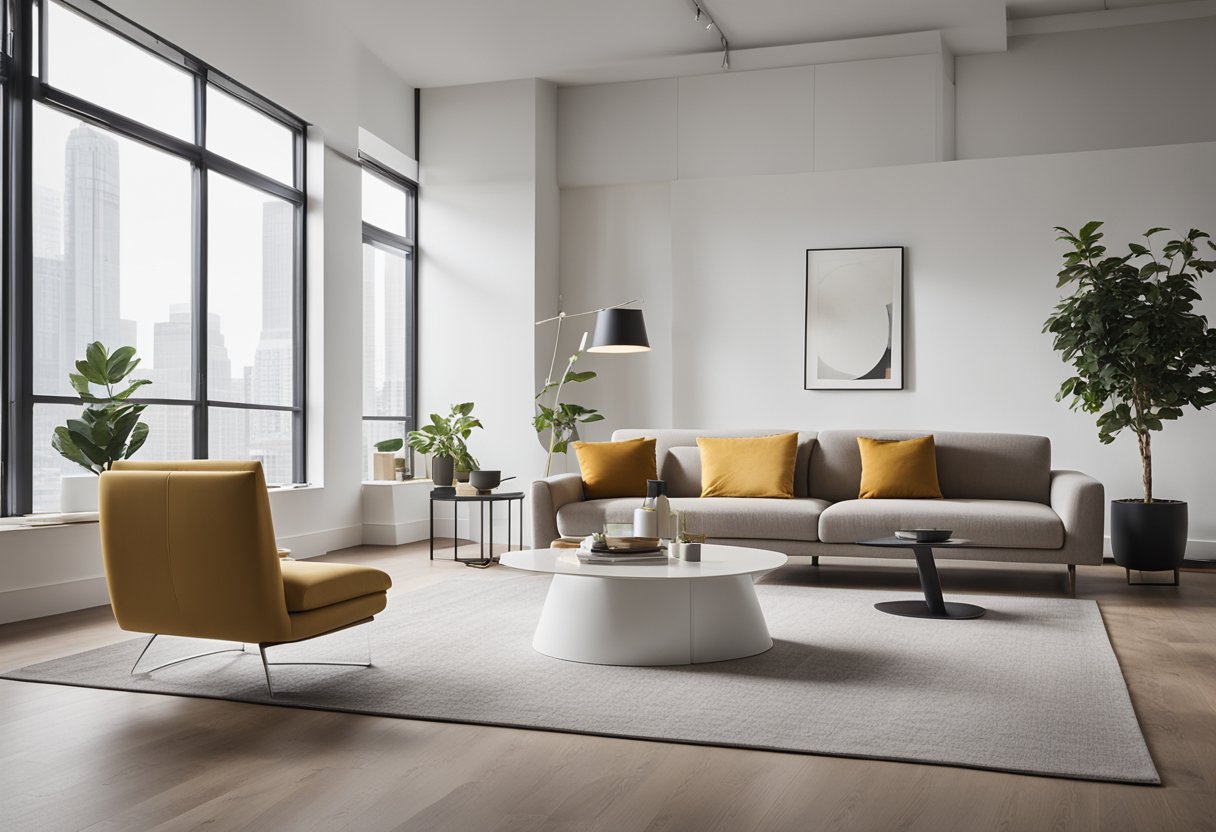 The room features modern minimalist furniture and a neutral color palette with pops of bold accent colors. Clean lines and geometric shapes are prominent, with plenty of natural light streaming in through large windows