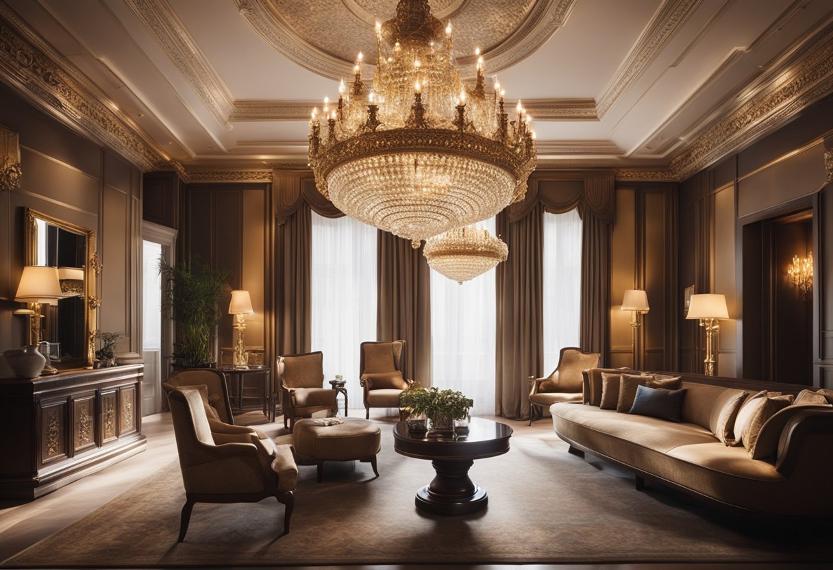A spacious, elegant room with ornate furniture, rich colors, and traditional patterns. A grand chandelier hangs from the ceiling, casting a warm glow over the classic interior design
