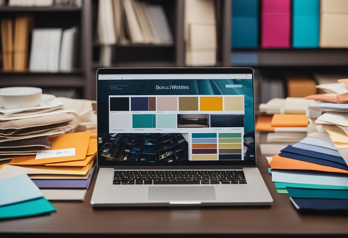 A laptop displaying interior design websites, surrounded by color swatches, fabric samples, and furniture catalogs