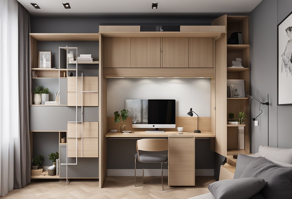 A lofted bed with built-in storage underneath, a fold-down desk attached to the wall, and a wall-mounted shelving unit to maximize space in the 10 sqm bedroom