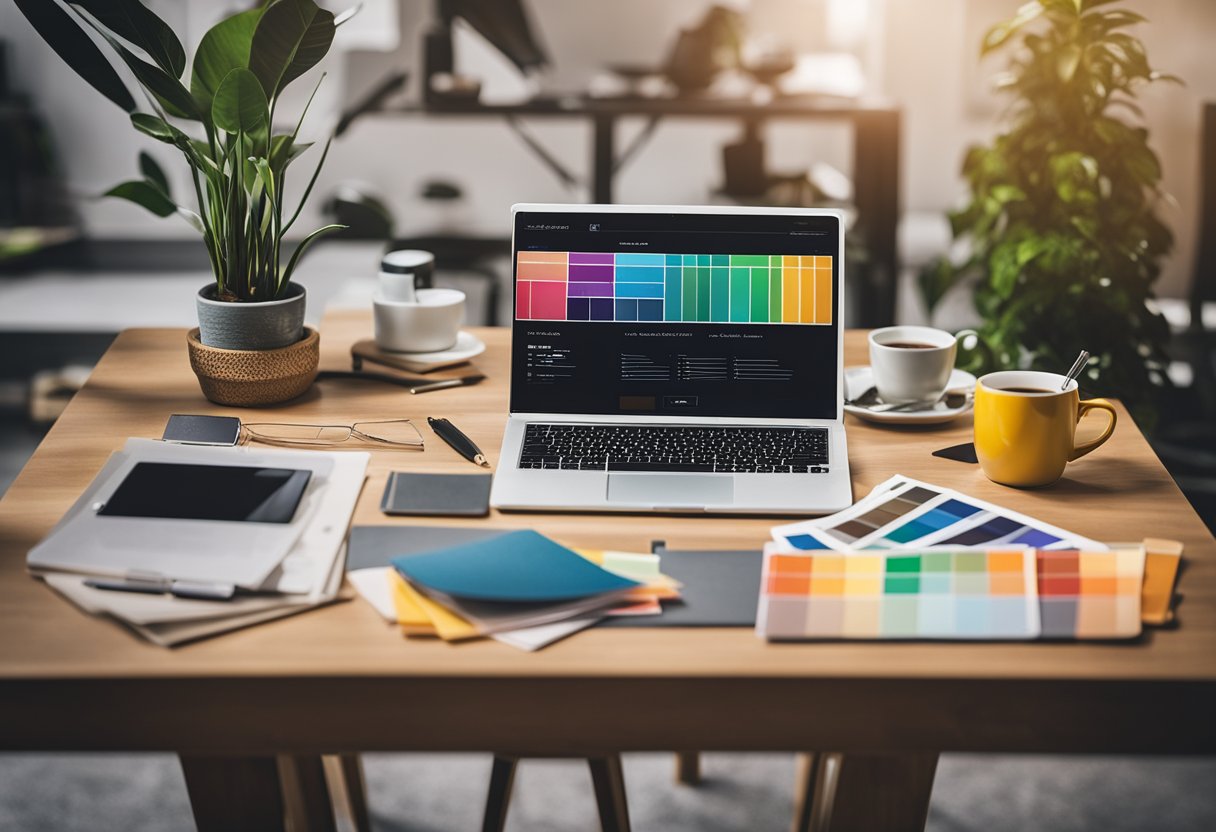 A laptop displaying an interior design website, surrounded by a desk with a ruler, pencil, and color swatches. A cup of coffee sits nearby