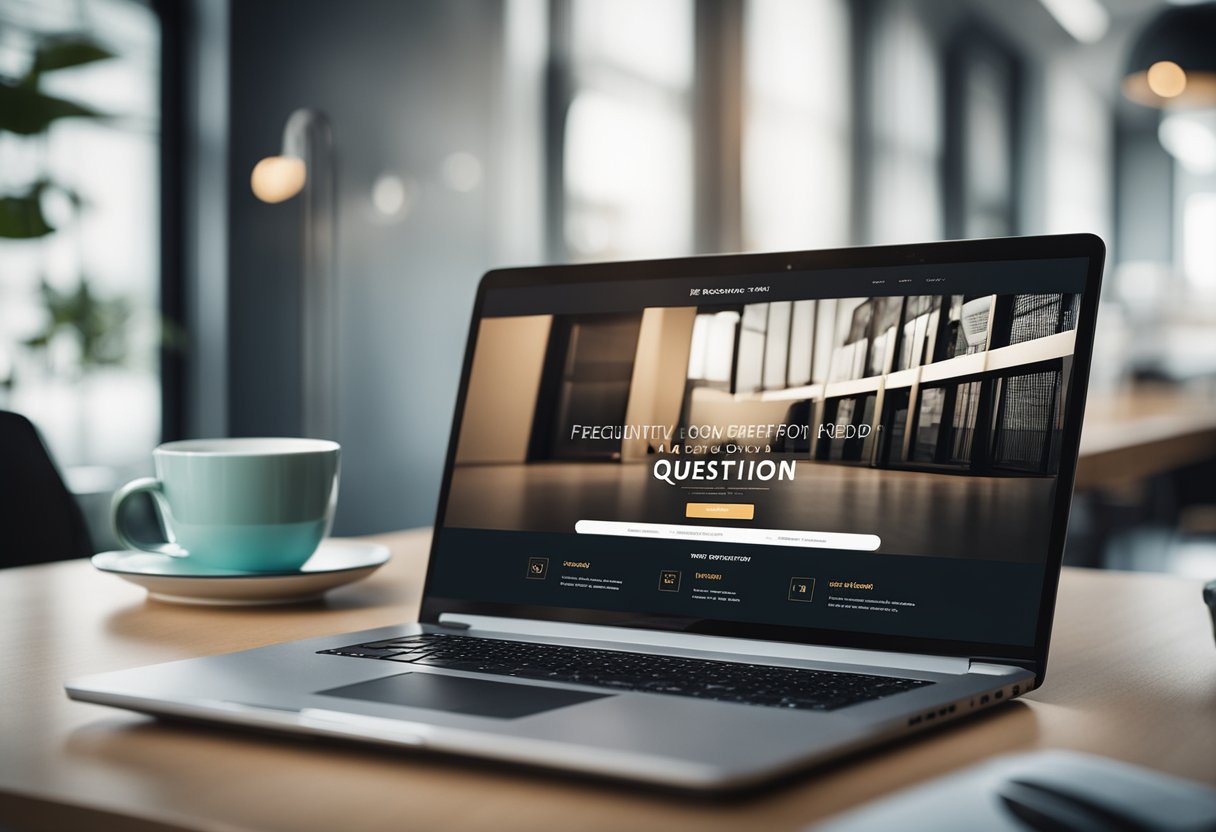 A laptop open on a desk, with a website displaying "Frequently Asked Questions interior design advice online." A comfortable chair nearby