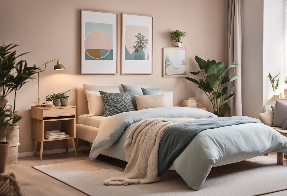 A cozy 10 sqm bedroom with a personalized touch. Soft, pastel-colored walls adorned with framed artwork. A plush, patterned rug sits beneath a comfortable bed with decorative throw pillows. A small desk with a stylish lamp and potted plant