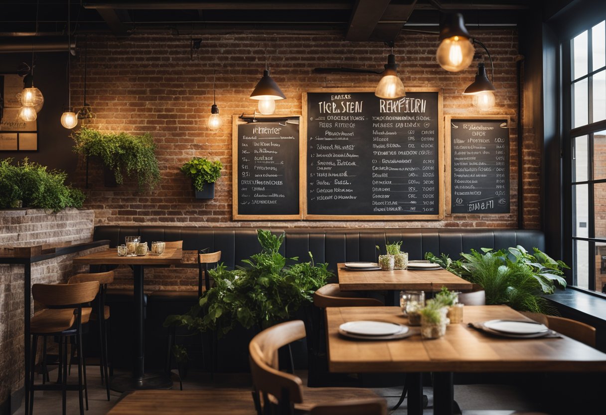 The small restaurant interior features warm lighting, rustic wooden tables, and comfortable seating. A chalkboard menu hangs on the exposed brick wall, while potted plants add a touch of greenery