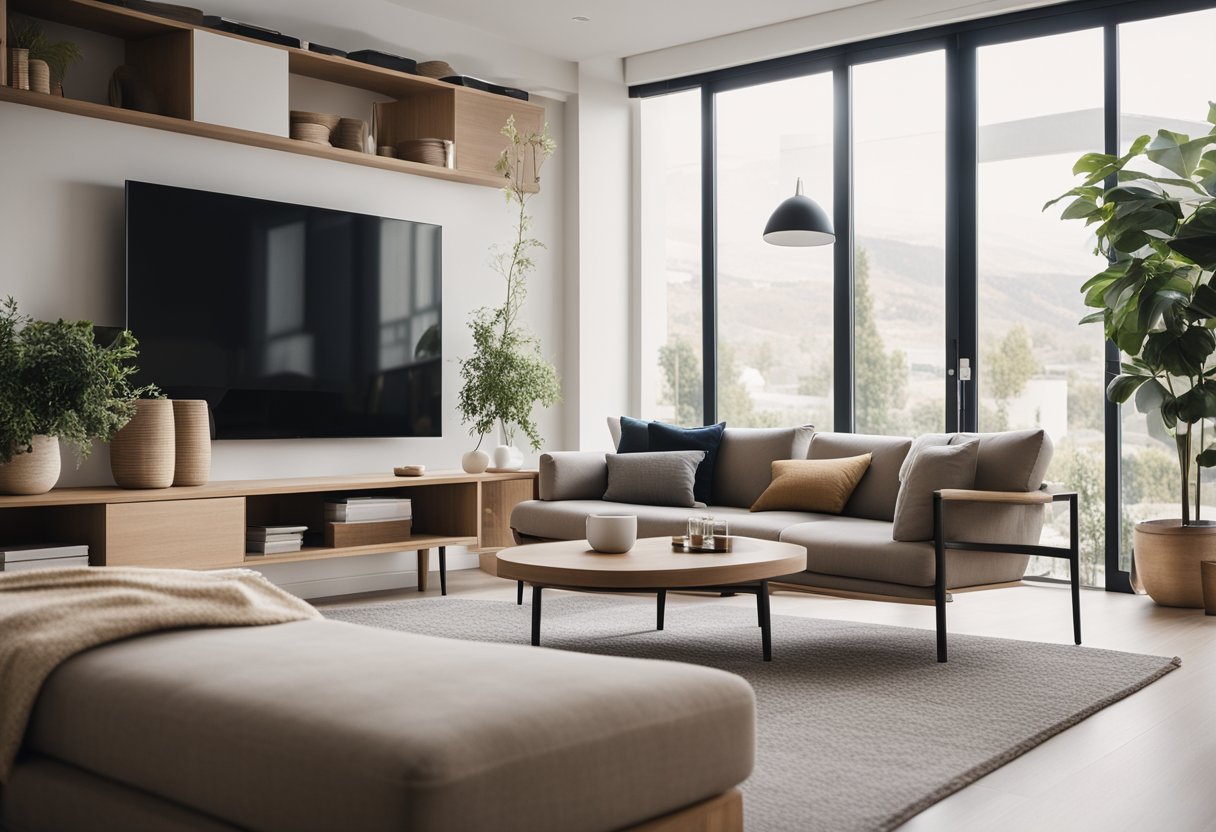 A modern living room with neutral colors, natural materials, and minimalist furniture arranged in a harmonious and serene manner