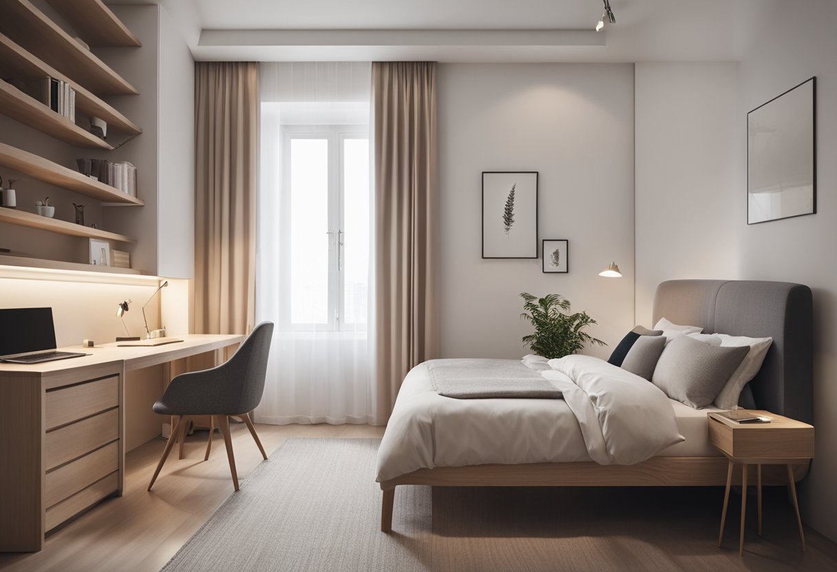 A cozy 10 sqm bedroom with a minimalist design, featuring a small bed, a compact wardrobe, and a simple desk with a chair. The room is well-lit with natural light and has a calming color scheme
