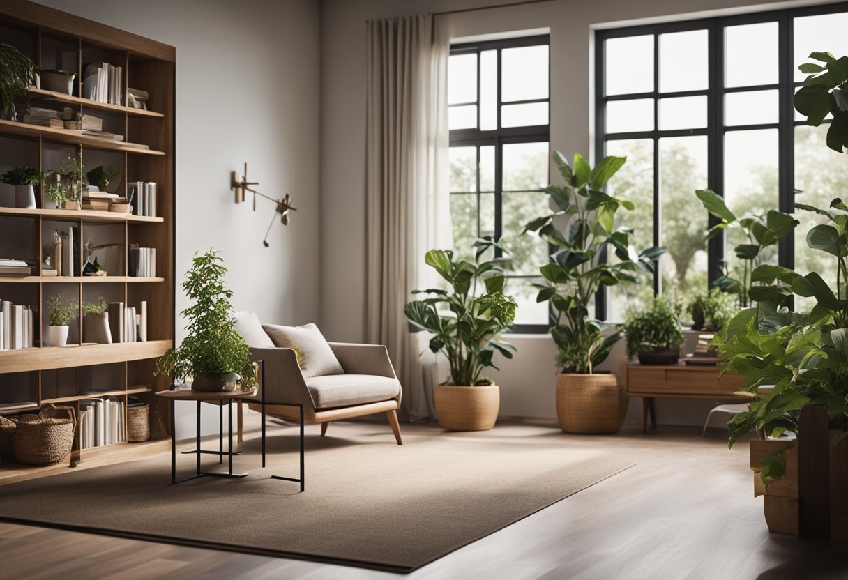 A serene living room with a cross on the wall, a cozy reading nook with a Bible, and natural elements like wood and plants
