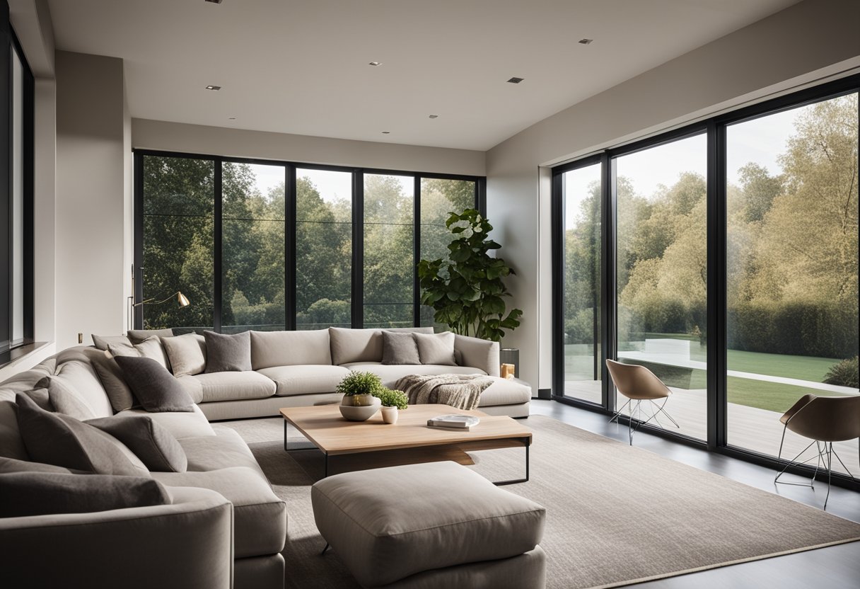 A modern living room with sleek furniture, neutral color palette, and ample natural light streaming through large windows