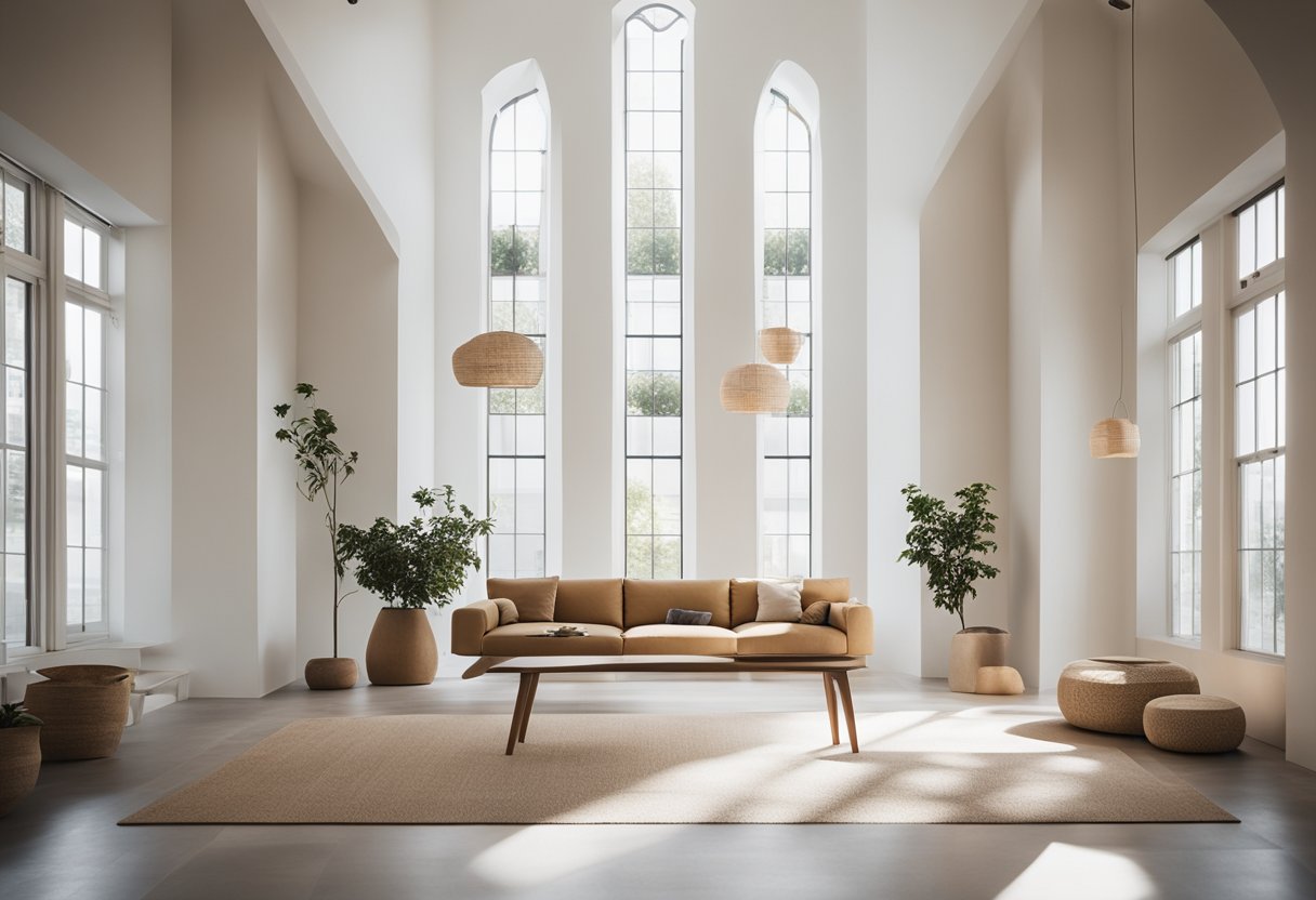 A modern, minimalist interior with clean lines, natural materials, and subtle religious motifs. Light, airy spaces with a focus on sustainable, eco-friendly design elements