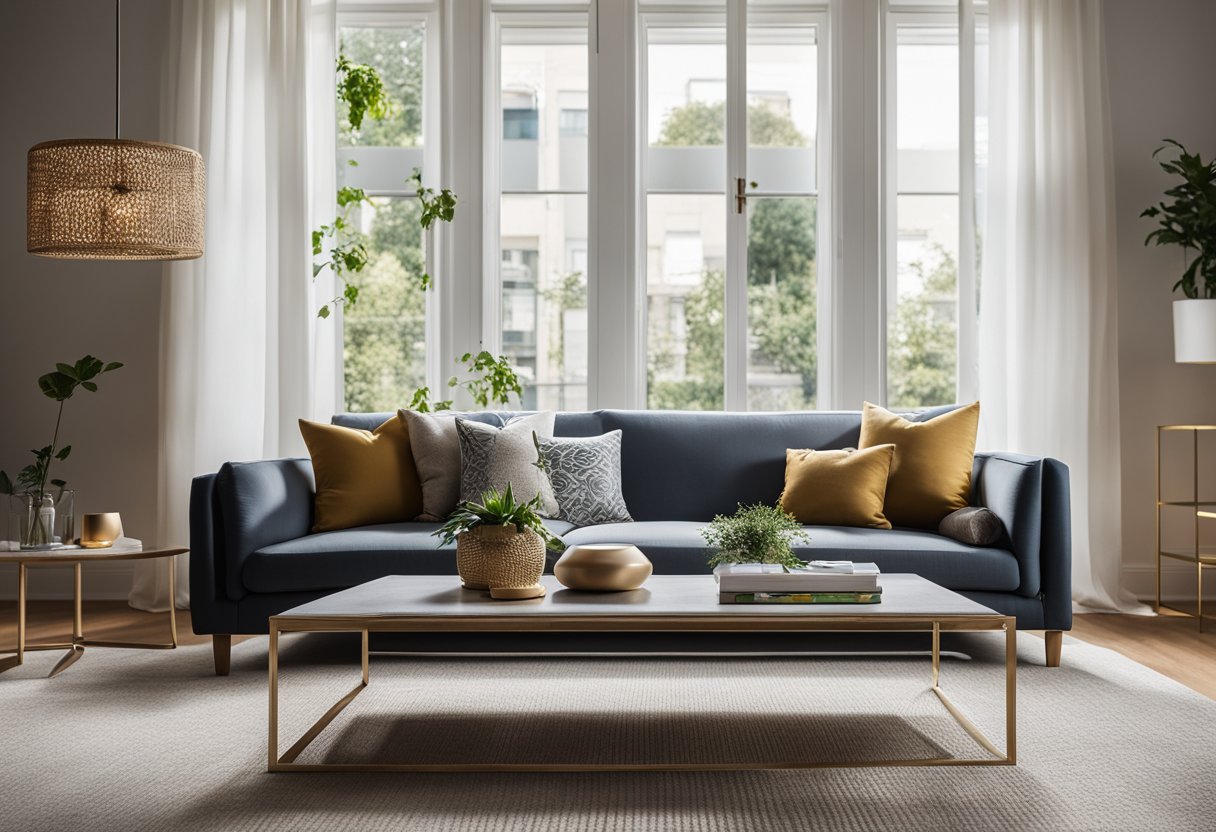 A modern living room with a sleek sofa, coffee table, and decorative accents. A large window lets in natural light, and artwork adorns the walls